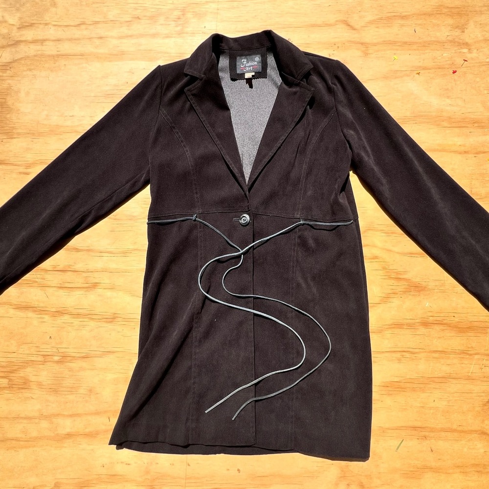 Fashion Art Womens Black Tie Waist Single Button Long Sleeve Jacket Coat Medium